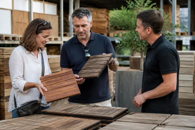 Un couple de Français examine attentivement différentes essences de bois pour leurs futurs caillebotis extérieurs dans une jardinerie.