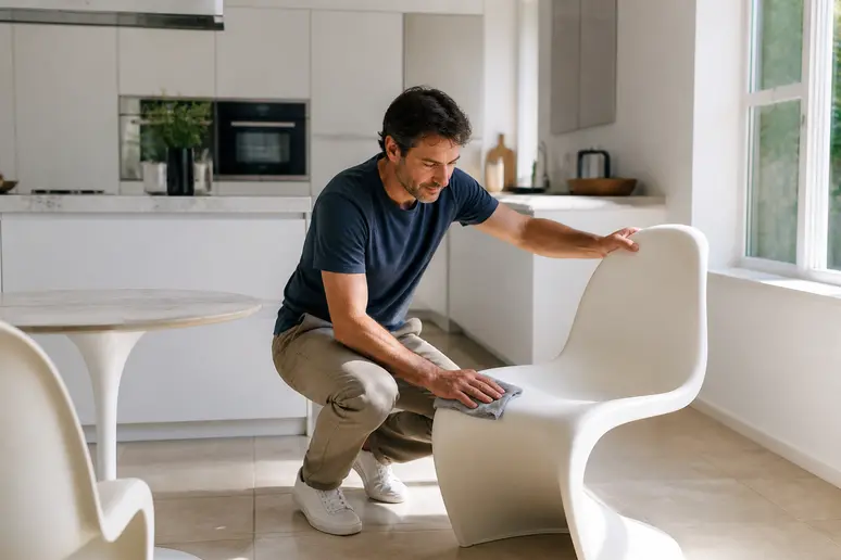 Un homme nettoie délicatement une chaise Panton blanche avec un chiffon doux dans une cuisine lumineuse et moderne.