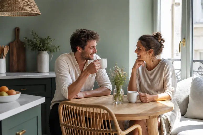 Un couple français savoure un café dans une cuisine baignée de lumière, mettant en valeur l'association du vert sauge et des matériaux naturels.