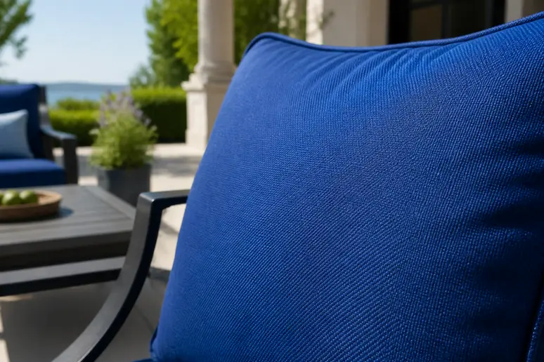 Housse de coussin d'extérieur bleue, exposée au soleil, conservant sa couleur vive grâce à sa résistance aux UV.