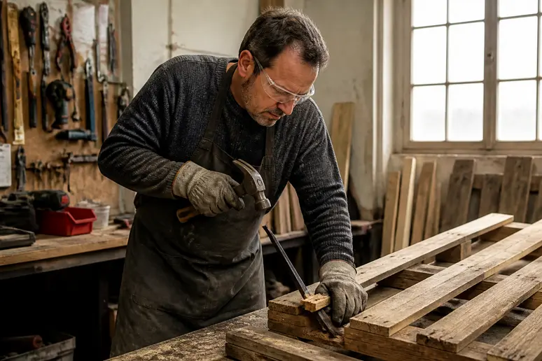 Un artisan français démonte méticuleusement une palette de bois dans son atelier, préparant les planches pour un projet de bricolage.