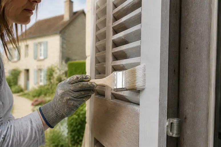 Mains gantées appliquant une sous-couche uniforme sur un volet en bois, étape essentielle avant la couche de finition finale.