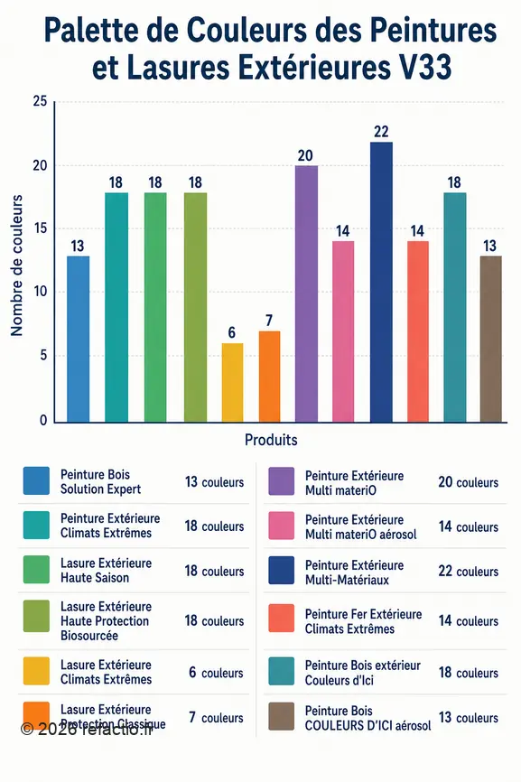 Infographie comparant le nombre de couleurs disponibles pour diverses peintures et lasures extérieures de la marque V33.