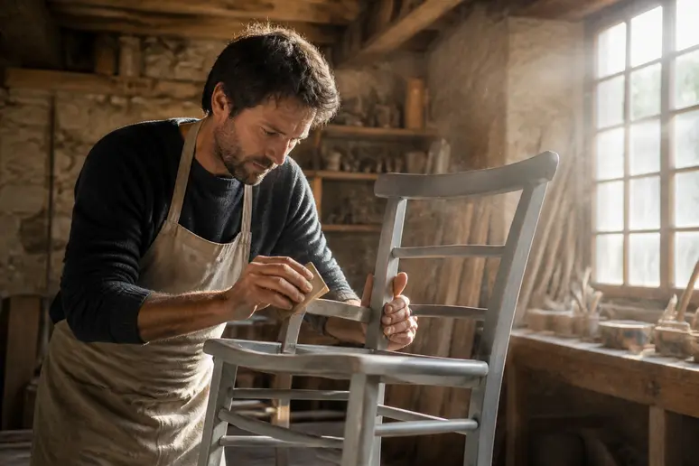 Un artisan restaure une chaise en bois peinte en RAL 7037 gris poussière, dans son atelier lumineux.