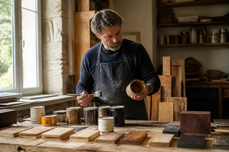Un artisan compare divers produits de teinture et finitions pour bois dans un atelier français lumineux.