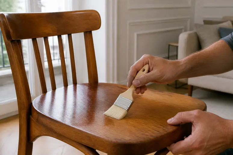 Application d'un vernis protecteur sur un meuble en bois fraîchement teinté dans un salon français lumineux.