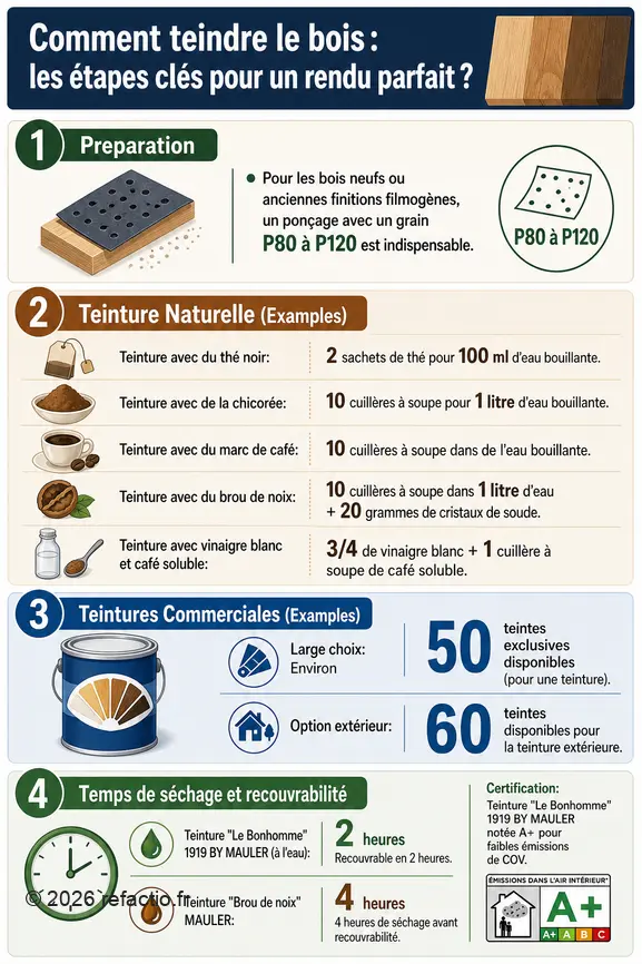 Guide visuel pour teindre le bois, montrant les étapes, les recettes naturelles, les choix de teintes et les temps de séchage.