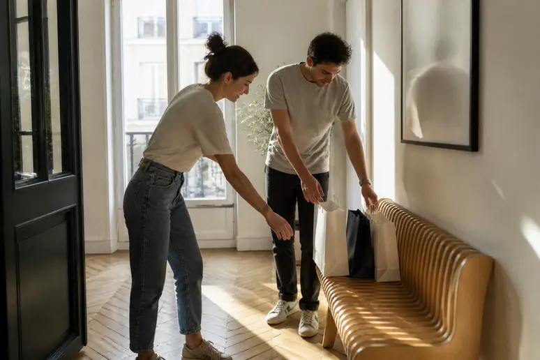 Couple plaçant des sacs sur un banc-design à l'entrée d'un appartement parisien.