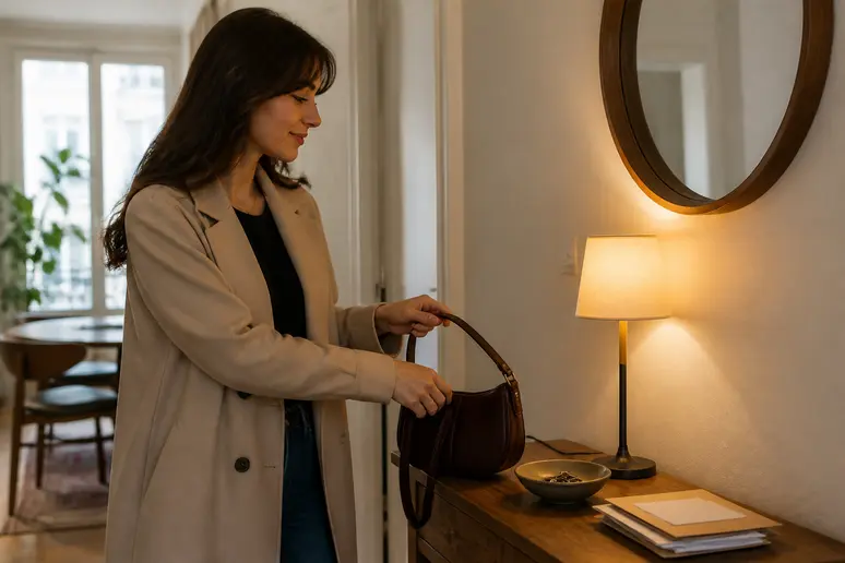 Une femme dépose son sac sur une console étroite dans un couloir parisien, soulignant l'aspect pratique et accueillant du meuble.