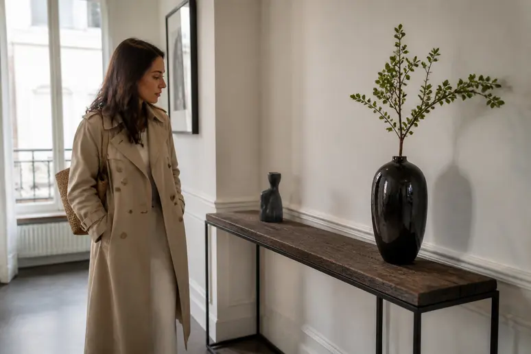 Une femme admire une console tendance en bois recyclé et métal noir dans une entrée d'appartement à Lyon, alliant style industriel et modernité.