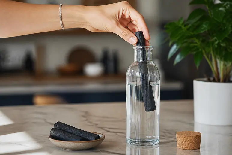 Comment filtrer l'eau du robinet : un bâton de charbon Binchotan est placé dans une bouteille en verre.