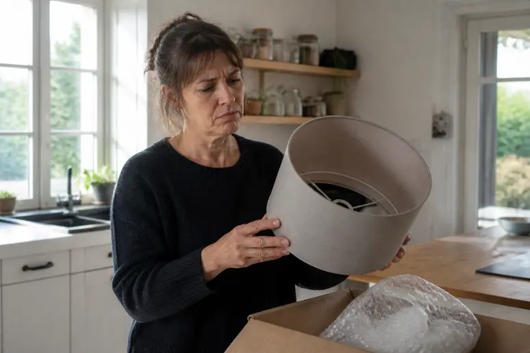 Une cliente française examine une lampe de mauvaise qualité, avis litfad-avis sur la déception produit.