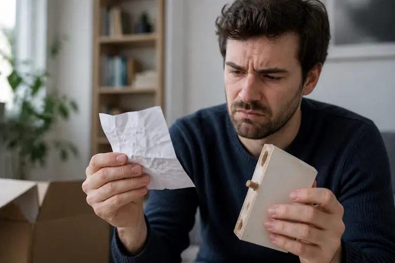 Un homme examine une facture de retour avec une pièce de mobilier abîmée, litfad-avis sur les risques financiers.
