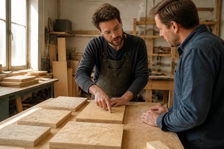Artisan français examinant diverses épaisseurs de panneaux osb-plancher, pour un projet de rénovation.