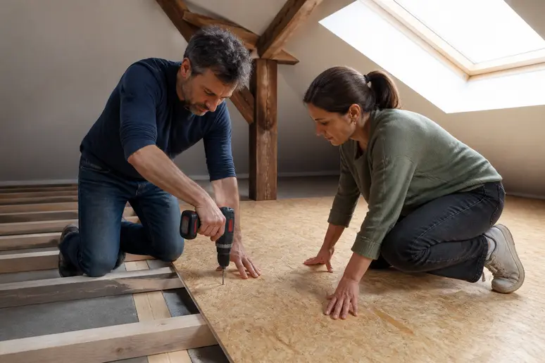 Couple français installant un plancher osb-plancher sur des solives dans un grenier aménagé.