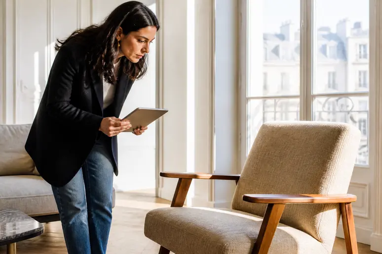 Femme choisissant un fauteuil design vintage unique sur pamono pour son intérieur parisien.