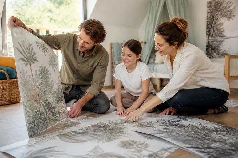 Un couple français et leur fille choisissent un papier peint panoramique sur le thème de la nature pour sa chambre.
