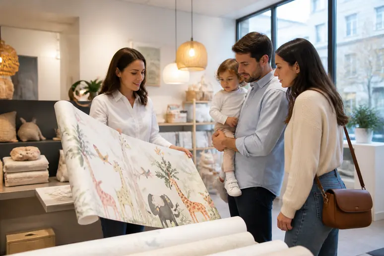 Un couple visite une boutique spécialisée en décoration pour enfants, consultant des échantillons de papier peint panoramique.