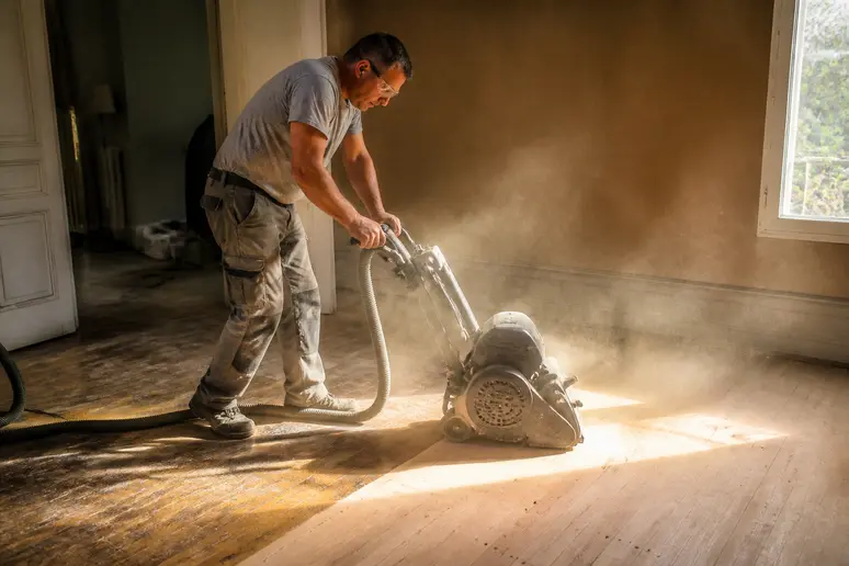 Un homme ponce un parquet ancien, concentré sur sa tâche et équipé, afin de poncer-parquet.