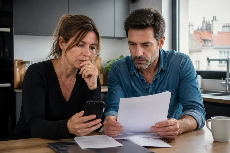 Un couple français examine des documents et un téléphone pour un litige Selency.
