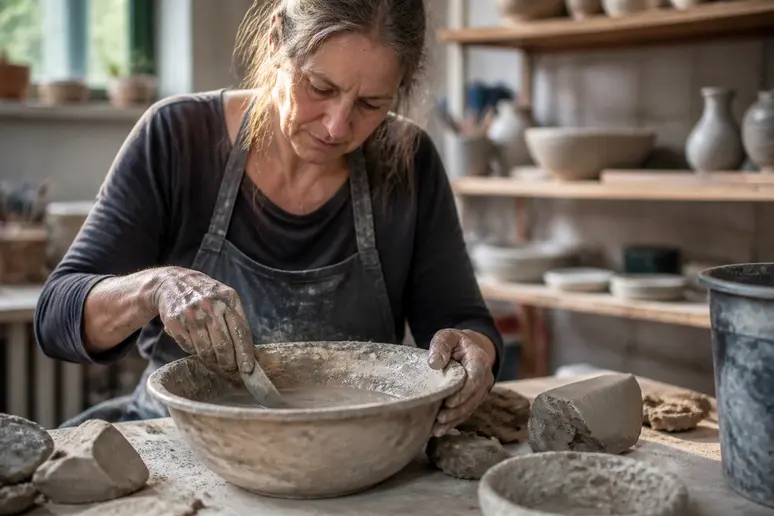 Une potière prépare de la barbotine d'argile maison dans un atelier lumineux pour ses créations.