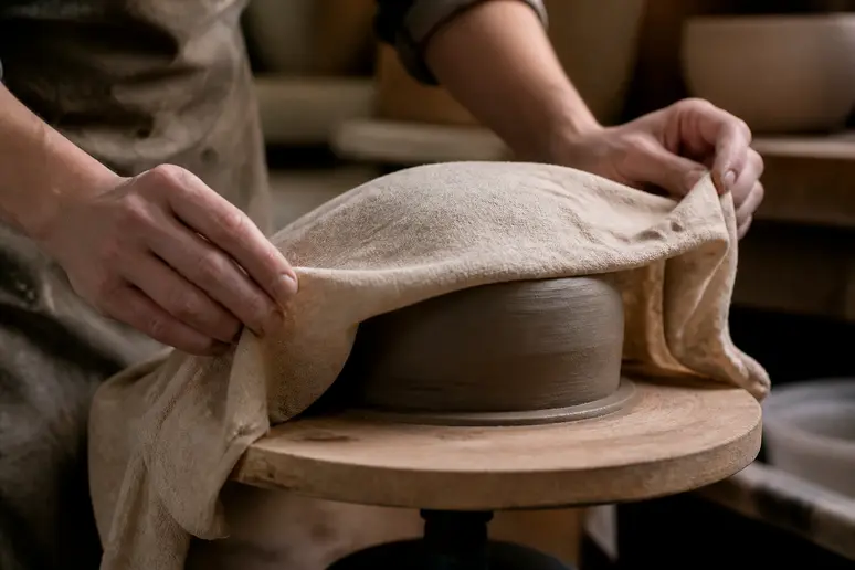 Mains attentives couvrant une pièce en argile d'un tissu humide, prévention des fissures avec la barbotine.