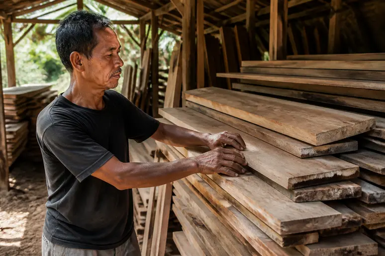 Artisan indonésien examinant des planches de bois teck brut dans un atelier baigné de lumière naturelle.