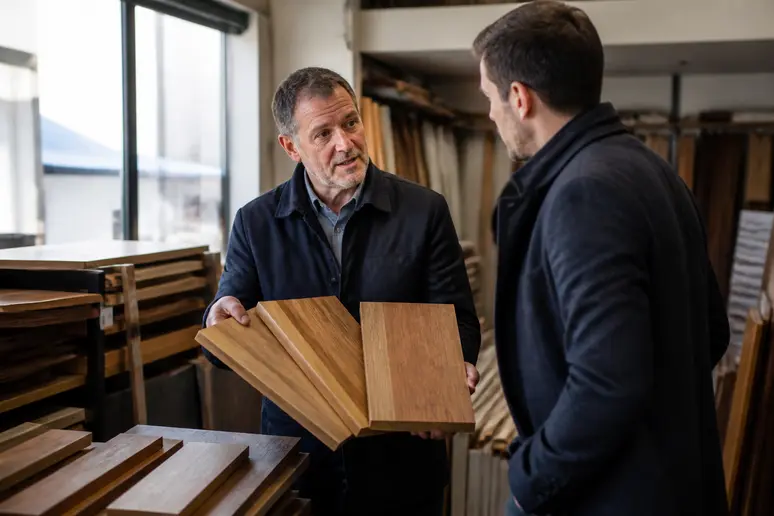 Démonstration de différentes qualités de bois teck dans un magasin de bricolage français pour estimer le budget.