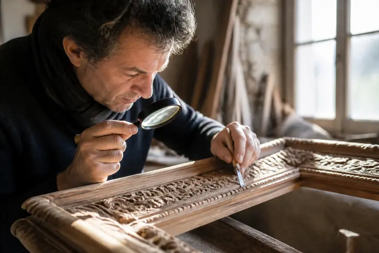Artisan ajustant un cadre baroque sur mesure dans son atelier en France.