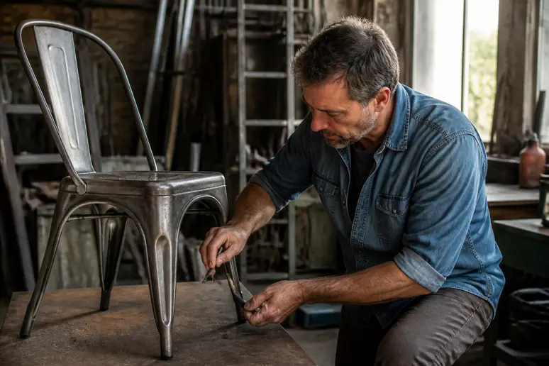 Un artisan expert examine attentivement une chaise Tolix pour en vérifier l'authenticité dans son atelier.