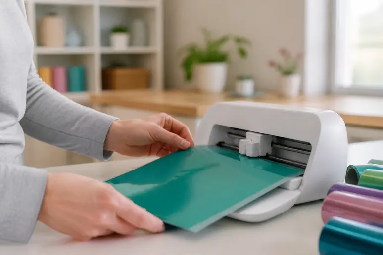 Mains d'une femme préparant un vinyle coloré pour la découpe avec la Cricut Joy Xtra.