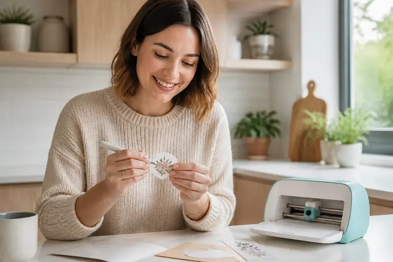 Jeune femme retirant avec soin un autocollant personnalisé créé avec la Cricut Joy.