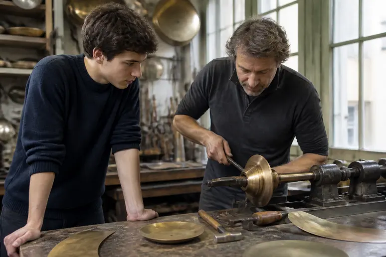 Apprentissage du travail du métal : un dinandier enseigne les techniques à un jeune élève.