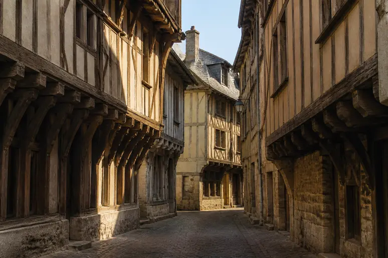 Rue médiévale française étroite avec maisons à encorbellement, illustrant le gain d'espace et l'esthétique historique.