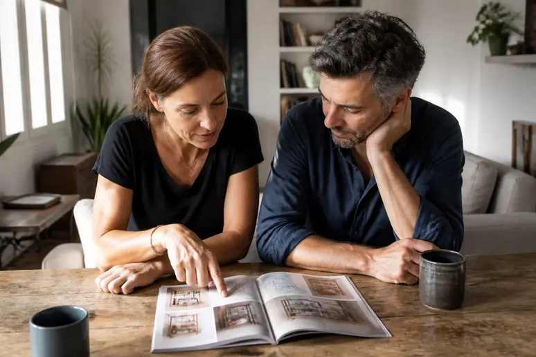Un couple discute du budget pour leur future étagère vintage dans leur salon lumineux.