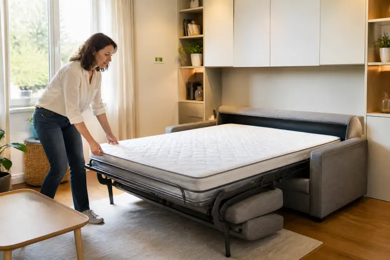 Woman demonstrating a sofa bed, a smart furniture solution to make space at home.