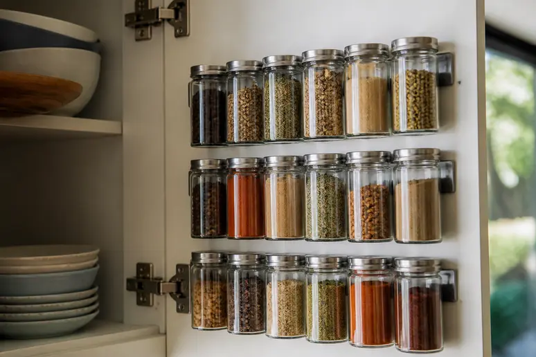 Spices organized on a magnetic strip inside a kitchen cupboard, making space at home.