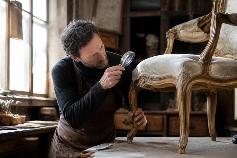 Un artisan français examine les pieds en cabriole sculptés d'un fauteuil Louis XV ancien.
