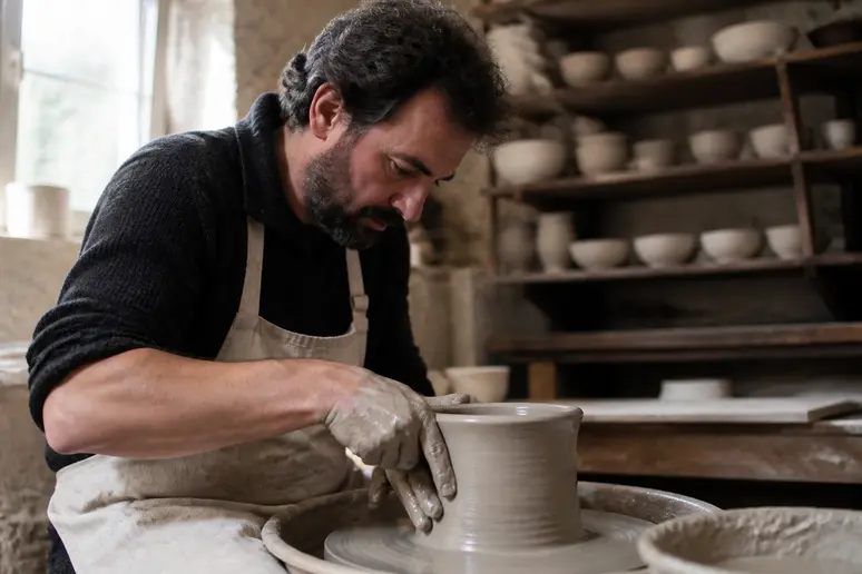 Artisan façonnant de la glaise sur un tour de potier, création d'objets en terre.