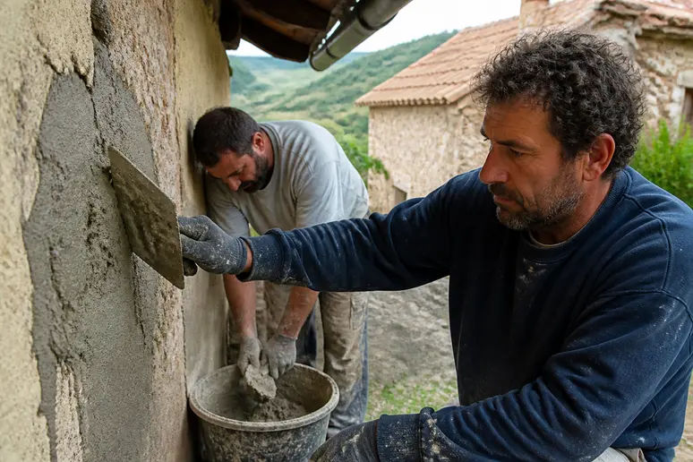 Ouvriers appliquant de la glaise sur un mur, technique de plâtrage traditionnel.