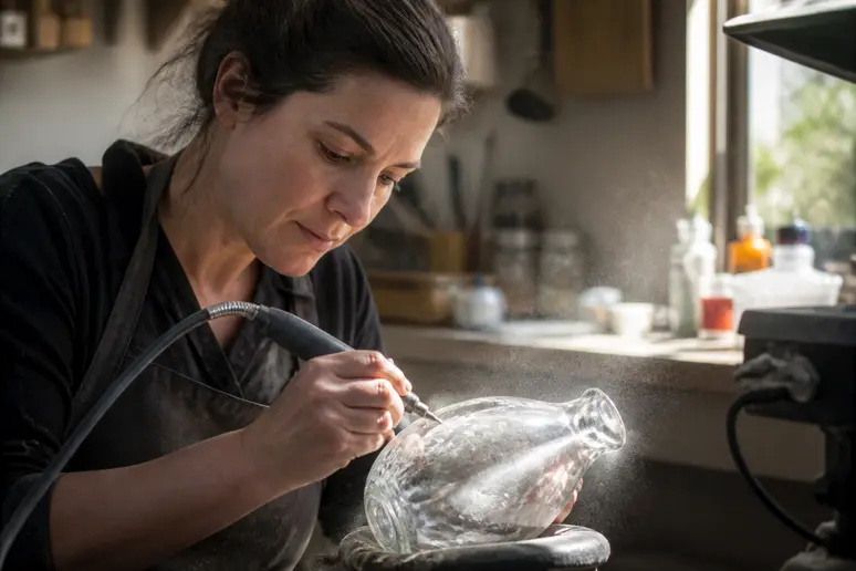 Une femme grave sur du verre avec un outil rotatif, en atelier, lumière naturelle.