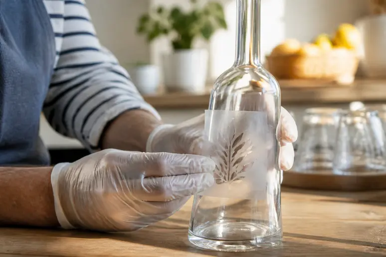 Application d'un pochoir sur un verre pour graver sur du verre, en cuisine.