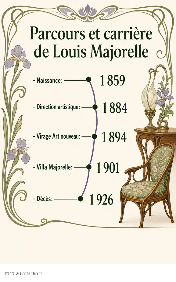 Infographie chronologique retraçant la vie de Louis Majorelle, maître de l'Art nouveau, de sa naissance à son décès.
