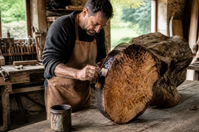 Artisan scellant les extrémités d'une loupe de bois brute dans un atelier.