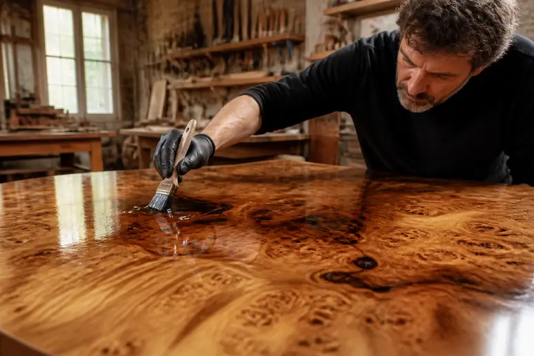 Artisan appliquant une finition sur un plateau de table en loupe de bois aux motifs uniques.