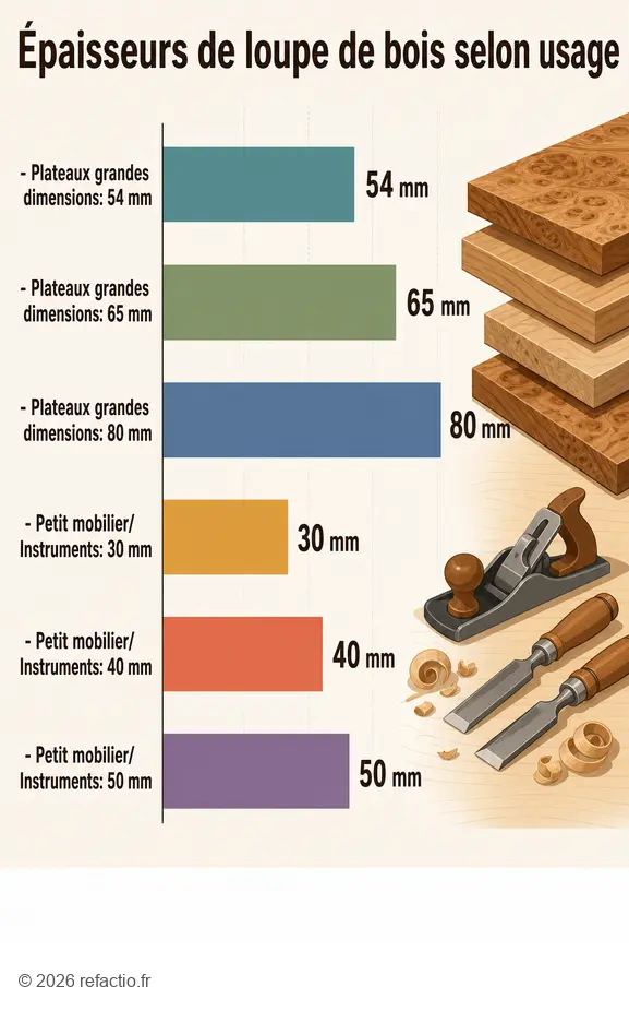 Comparaison des épaisseurs de loupe de bois utilisées pour plateaux et petit mobilier.