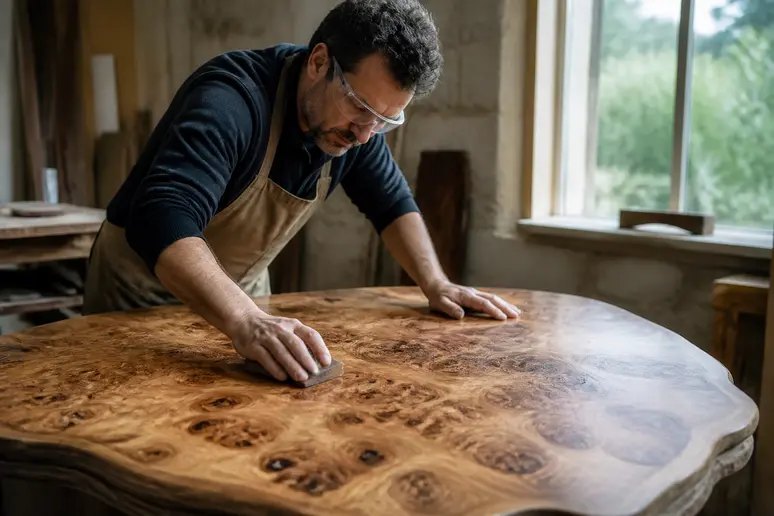 Artisan polissant une table en loupe d'orme dans un atelier, mettant en valeur ses motifs uniques.