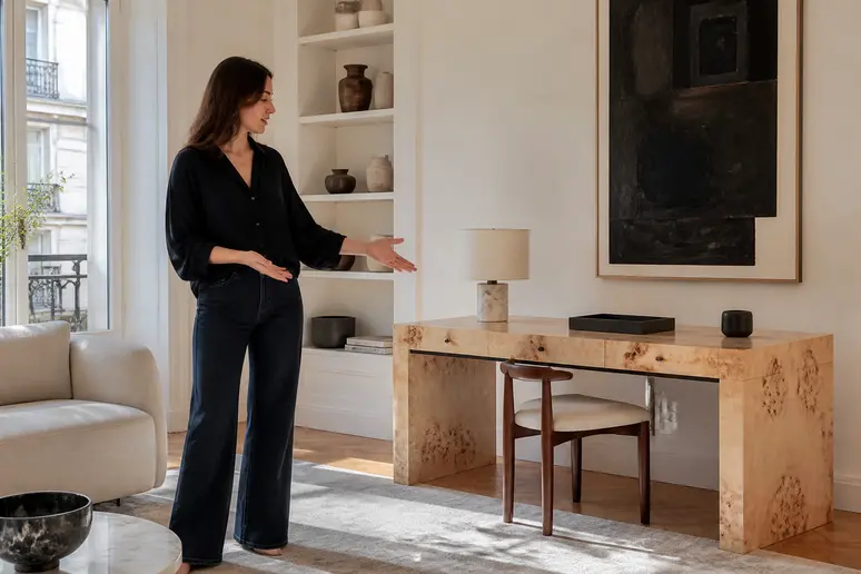 Designer d'intérieur présentant un bureau moderne en loupe d'orme dans un appartement.