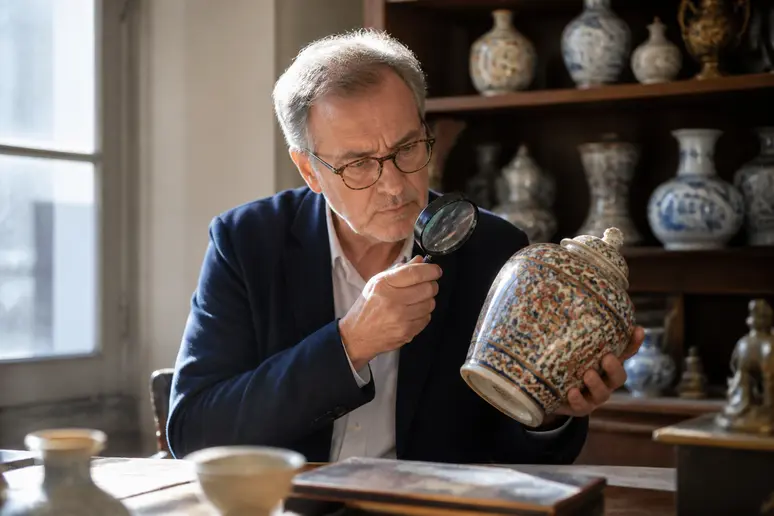 Expert examine une potiche ancienne en céramique avec une loupe dans une brocante parisienne.