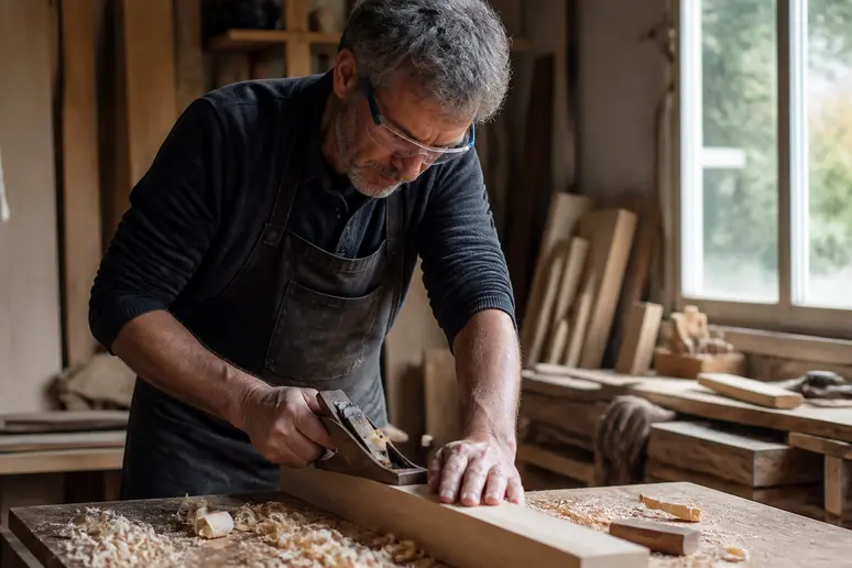 Menuisier français préparant une pièce de bois avec un rabot pour un assemblage queue d'aronde.